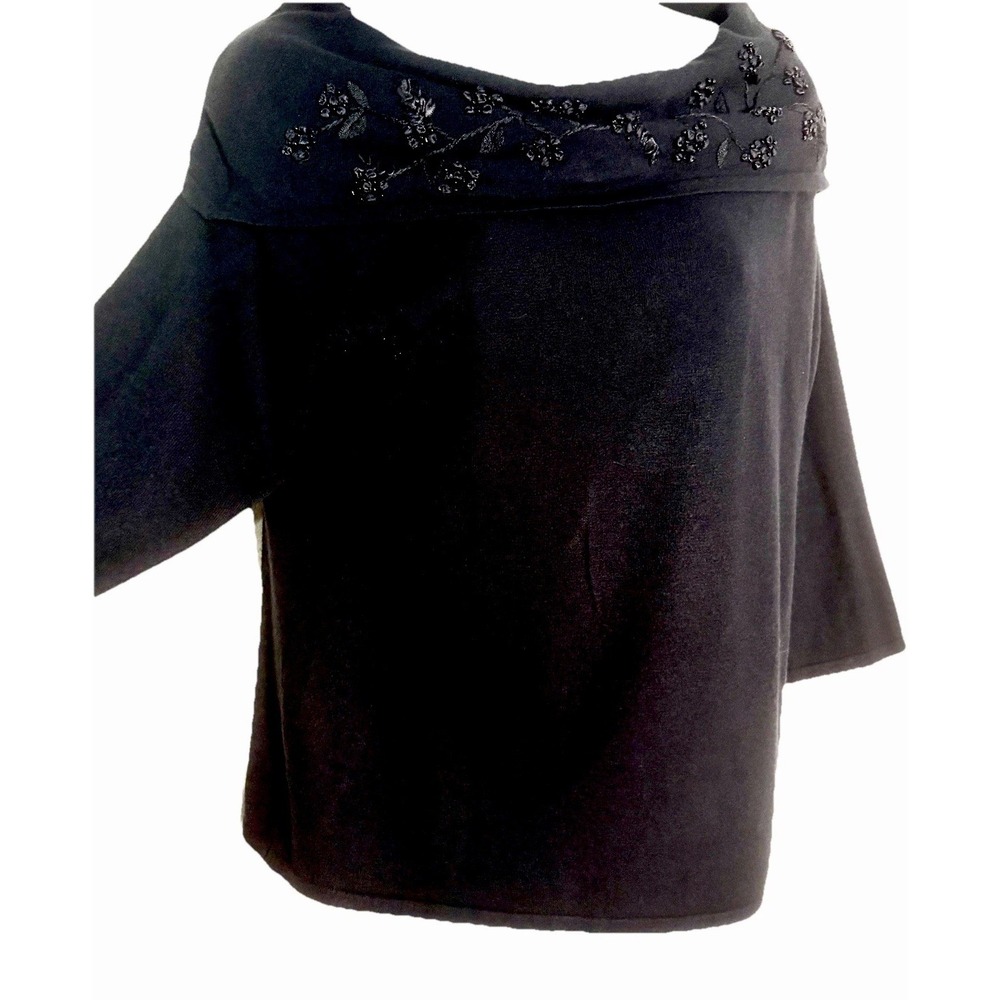 JH Collection Blk Sweater Beaded Floral 3/4 Sl L Rollovercollar Soft Boho Retro